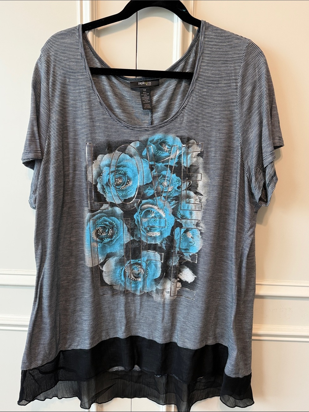 Style & Co. Gray Striped Short-Sleeve Tee with Blue Rose Graphic